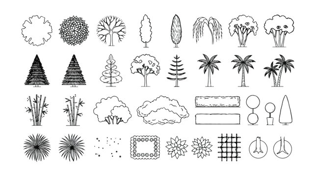 Minimalist architectural tree symbols, set of 32 landscape design icons, black and white vector vegetation for site plans and garden layouts