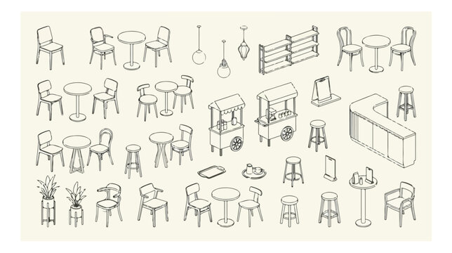 Minimalist cafe furniture vector set, hand drawn restaurant interior elements, bistro tables and chairs collection for architectural floor plans