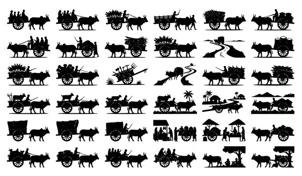 Traditional Bullock Cart Silhouette Collection Vector with Oxen Driver and Village Life Graphics