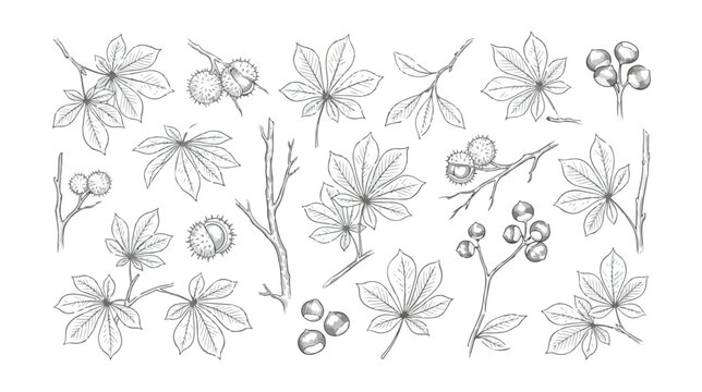 Vintage chestnut leaf and fruit sketches, hand drawn botanical vector set, autumn tree branches and seeds for nature branding and packaging