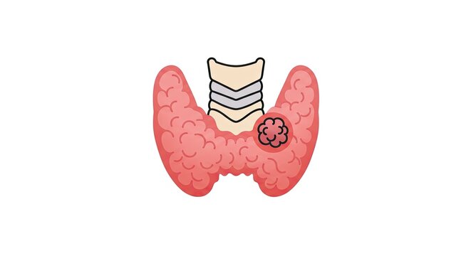 Anatomical illustration of a human thyroid gland with trachea and nodule.