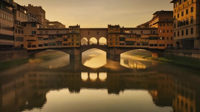 Smooth Slow Glide Along Arno River in Florence at Sunrise &ndash; Ponte Vecchio Bridge and Reflection, Italy