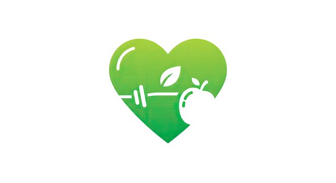 A green heart shaped icon with a white dumbbell and apple inside it symbolizes healthy lifestyle and fitness.