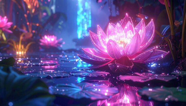 Ethereal glowing pink lotus blossoms float on a reflective water surface