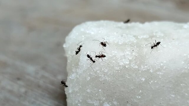 Black ants swarm and eat chunks of white rock sugar