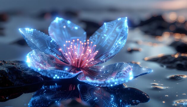Futuristic Glowing Cyber Flower with Electronic Circuit Pattern on Water Surface