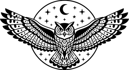 Fototapeta premium Mystical Owl Vector Illustration with Wings Spread and Moon