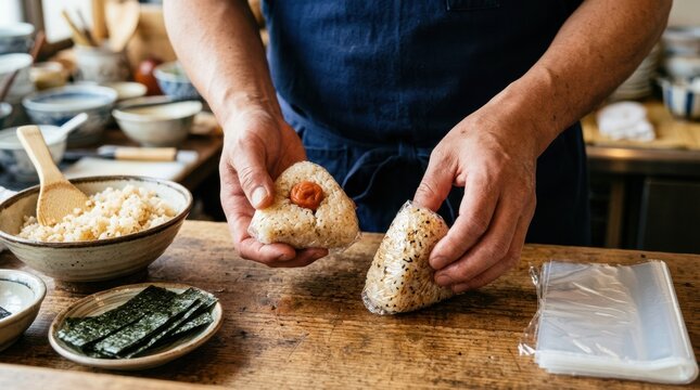 A chef's hands carefully wrapping onigiri (rice balls) with plastic wrap, shaping them into perfect triangles. A small umeboshi (pickled plum) is pressed into the center of one.