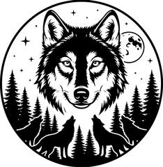 Fototapeta premium Wolf head circular emblem with forest and moon illustration