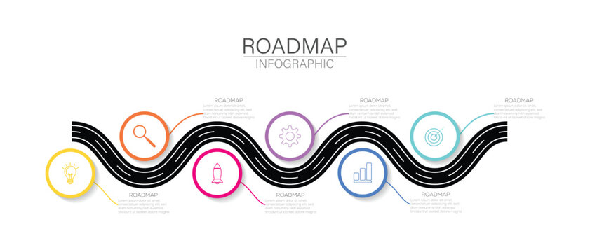 Business road map timeline infographic icons designed for abstract background. 6 Steps Modern Timeline diagram with road journey concept. Vector illustration.