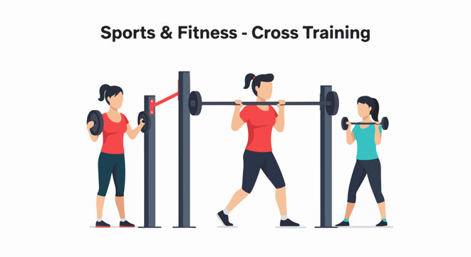 A digital illustration of three women engaging in cross training exercises with weights