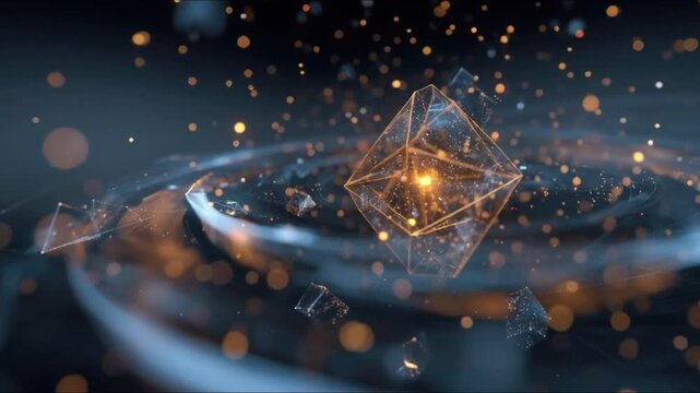 Abstract geometric crystal formation with glowing orange light and surrounding particles. ..Created with Generative AI, not depicting real subjects.