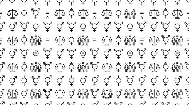 Seamless pattern wallpaper featuring gender equality and human rights symbols.