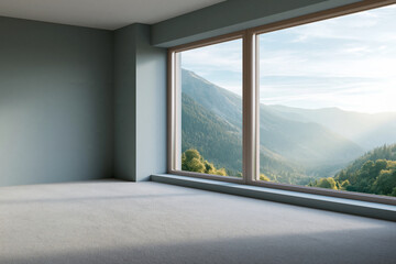 Obraz premium Cozy room overlooks sunlit mountain range. Soft carpeting meets minimalist walls and wooden-framed glass. Golden light bathes the scene, enhancing tranquil mood. Perfect for interior design