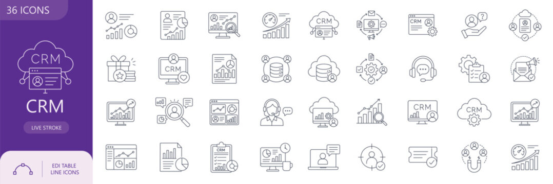 Set of CRM and customer relationship management thin line icons, white context