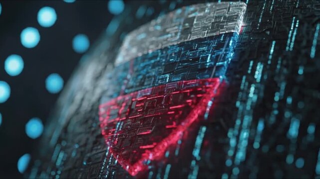 Digital shield with Russian flag emblem, representing cybersecurity and national defense in a futuristic, high-tech matrix environment. ..Created with Generative AI, not depicting real subjects.