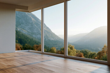 Obraz premium Bright sunlight streams through floor-to-ceiling windows. Mountain peaks rise behind a lush, forested valley. Warm wood flooring reflects natural light softly. No people, no animals - quiet
