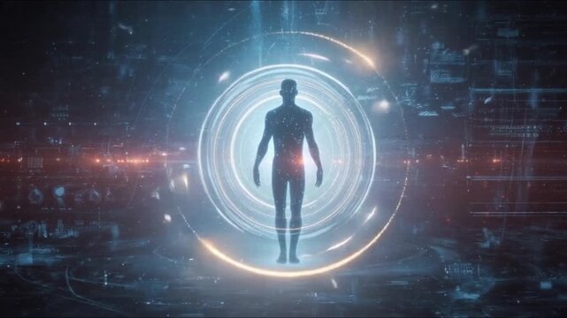 A lone humanoid silhouette stands within a glowing circular portal, surrounded by abstract digital graphics and futuristic lighting. ..Created with Generative AI, not depicting real subjects.