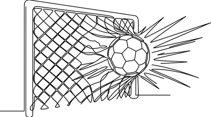 Continuous single line drawing of a soccer ball hitting the net. © Elvfact22