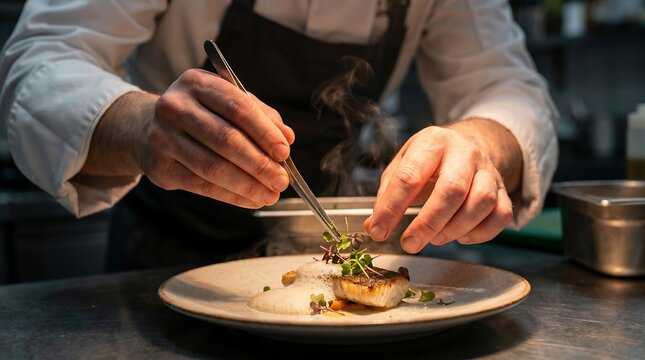 Professional Chef Plating Gourmet Grilled Fish with Molecular Foam and Microgreens in Fine Dining Restaurant Kitchen