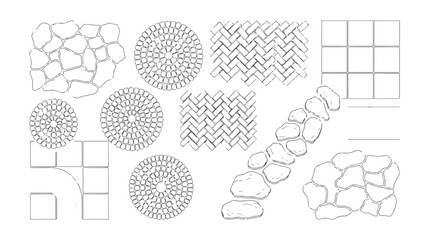 Paving stone pattern set, landscape architecture vector elements, cobblestone and brick walkway textures, garden path design symbols © HayeGareebi