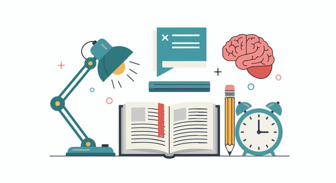 A green desk lamp shining on an open book with a pencil and clock nearby and a brain and speech bubble in the air