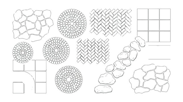 Paving stone pattern set, landscape architecture vector elements, cobblestone and brick walkway textures, garden path design symbols
