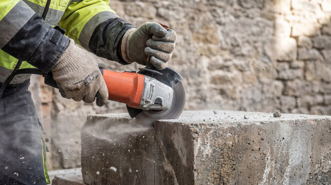 Construction worker using an angle grinder to cut a concrete block, creating dust on a building site