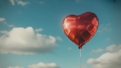 Fototapeta premium Red heart-shaped balloon floating in a vast blue sky with white clouds