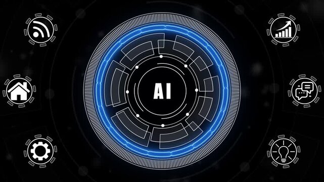 A glowing neon AI concept surrounded by smaller icons for ai and manufacturing process management all connected in a digital circuit like pattern.