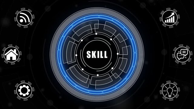 A glowing neon Skills concept surrounded by smaller icons for ai and manufacturing process management all connected in a digital circuit like pattern.