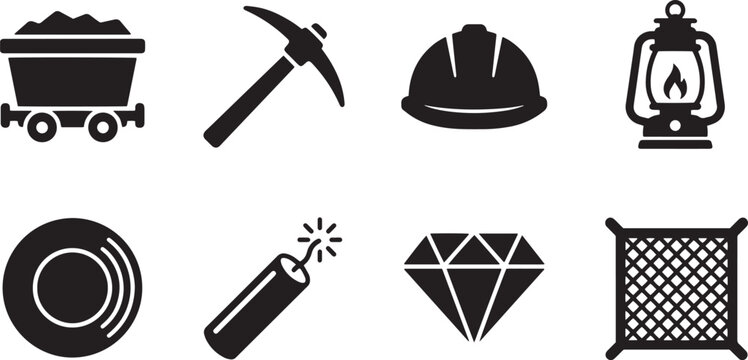 Set of flat black vector icons representing mining industry equipment tools and precious gemstones for industrial design projects isolated on white background.