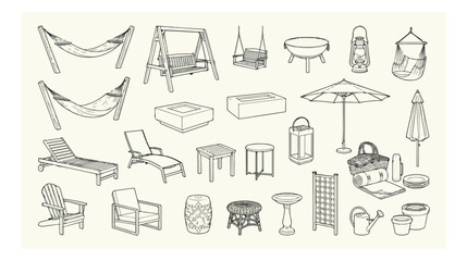 Outdoor furniture line art collection, garden patio decor vector set, backyard leisure equipment icons, minimalist exterior living design elements © HayeGareebi