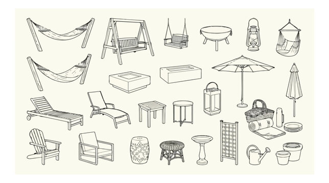 Outdoor furniture line art collection, garden patio decor vector set, backyard leisure equipment icons, minimalist exterior living design elements