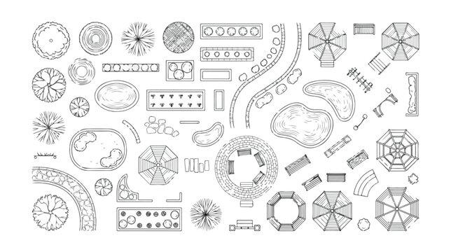 Landscape design symbols in top view, architectural site plan elements for garden and park mapping, black and white vector outline set