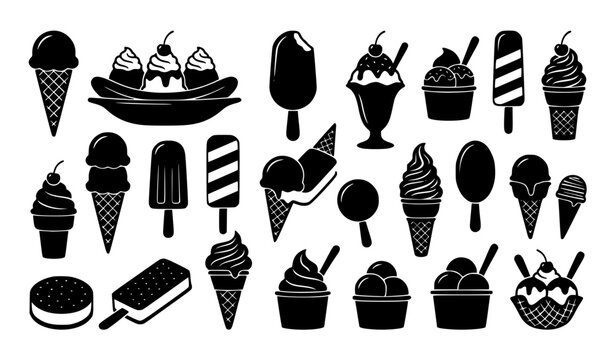 Assorted Ice Cream Desserts Black Silhouette Vector Collection