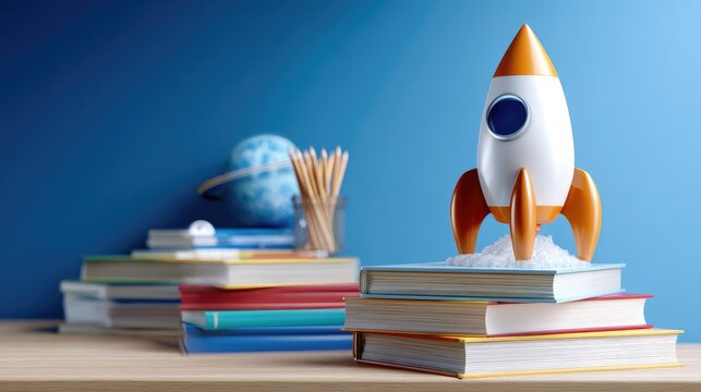 Colorful rocket toy on top of stacks of books with globe and wooden sticks in a bright room setting for educational themes
