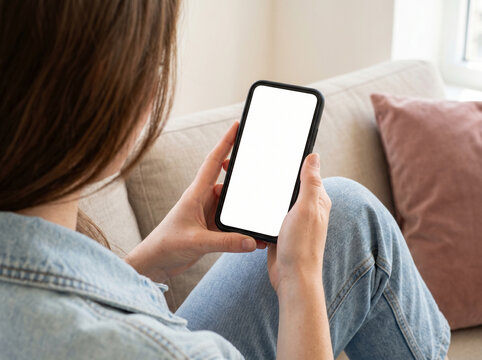 Young Woman Sitting on Sofa Holding Smartphone with Blank White Screen for Mockup App Design Presentation, Over the Shoulder View of Female Using Mobile Phone at Home