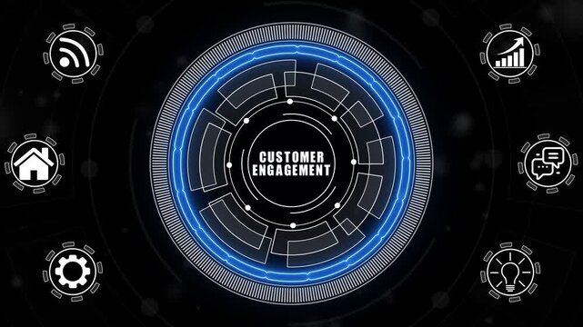 A glowing neon customer engagement concept surrounded by smaller icons for ai and manufacturing process management all connected in a digital circuit like pattern.