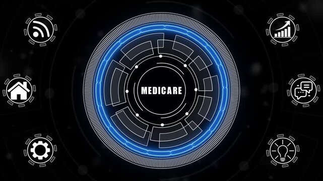 A glowing neon Medicare concept surrounded by smaller icons for ai and manufacturing process management all connected in a digital circuit like pattern.