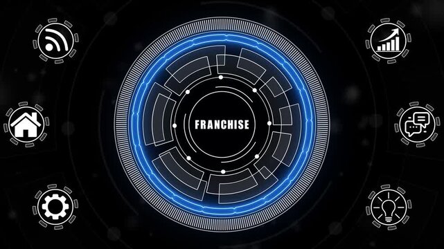 A glowing neon franchise concept surrounded by smaller icons for ai and manufacturing process management all connected in a digital circuit like pattern.