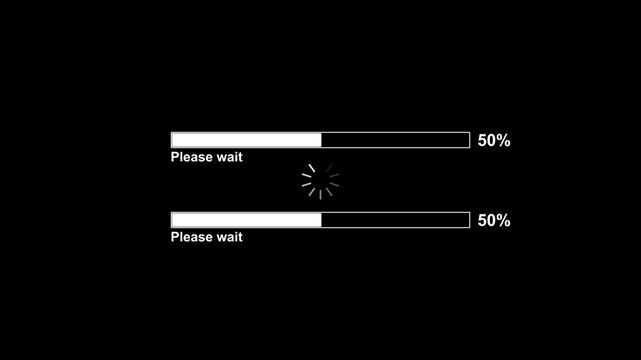 Progress bar loading animation on black background with please wait text. 4k . video ............