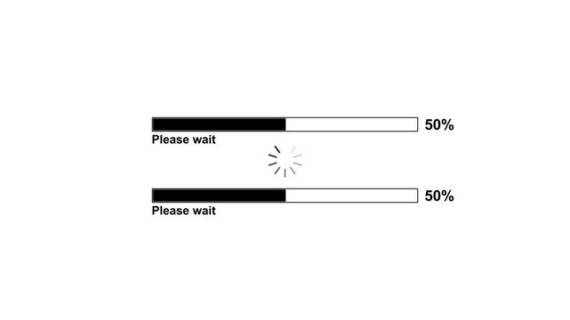 Progress bar loading animation on black background with please wait text. 4k . video ............