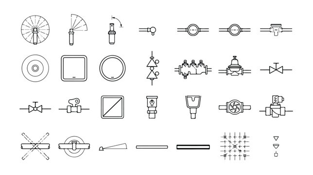 Industrial engineering symbols set, 28 technical piping and instrumentation diagram icons, black line vector schematics for process flow charts