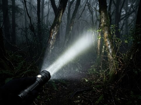 Mysterious forest adventure at night with flashlight beam illuminating dark woods