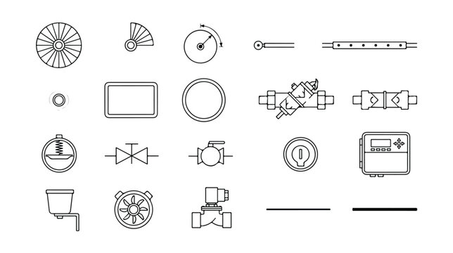 Industrial engineering schematic symbols, collection of 20 technical piping and instrumentation diagram icons, black line vector set for blueprints