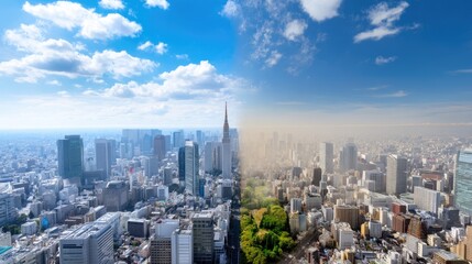 Fototapeta premium Contrast of Urban Landscape and Green Space in Metropolis with Clear Blue Sky and Soft Clouds