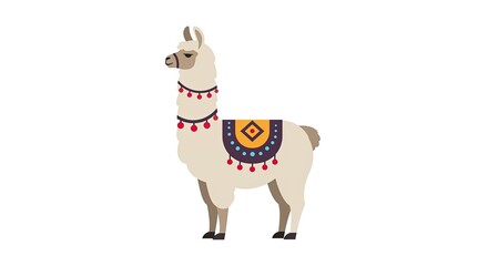 Obraz premium An illustration of a llama wearing a colorful saddle and standing alone outdoors