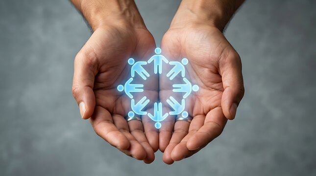 Human hands holding glowing blue digital people icon circle formation unity and connection between individuals palms.