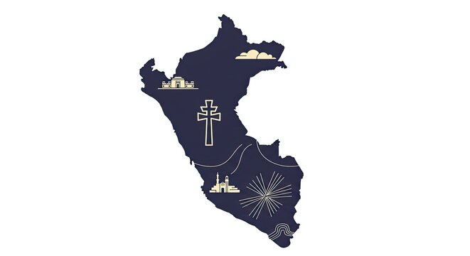 Peru map illustration with cross, mountains, river, and starburst design elements